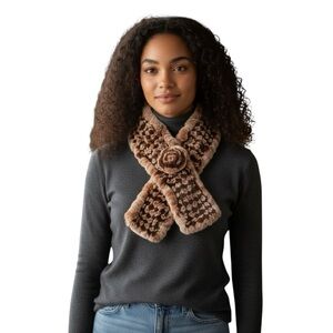 Genuine Rex Rabbit Fur Scarf Knitted Neck Warmer with Rosette Accent Brown/Tan